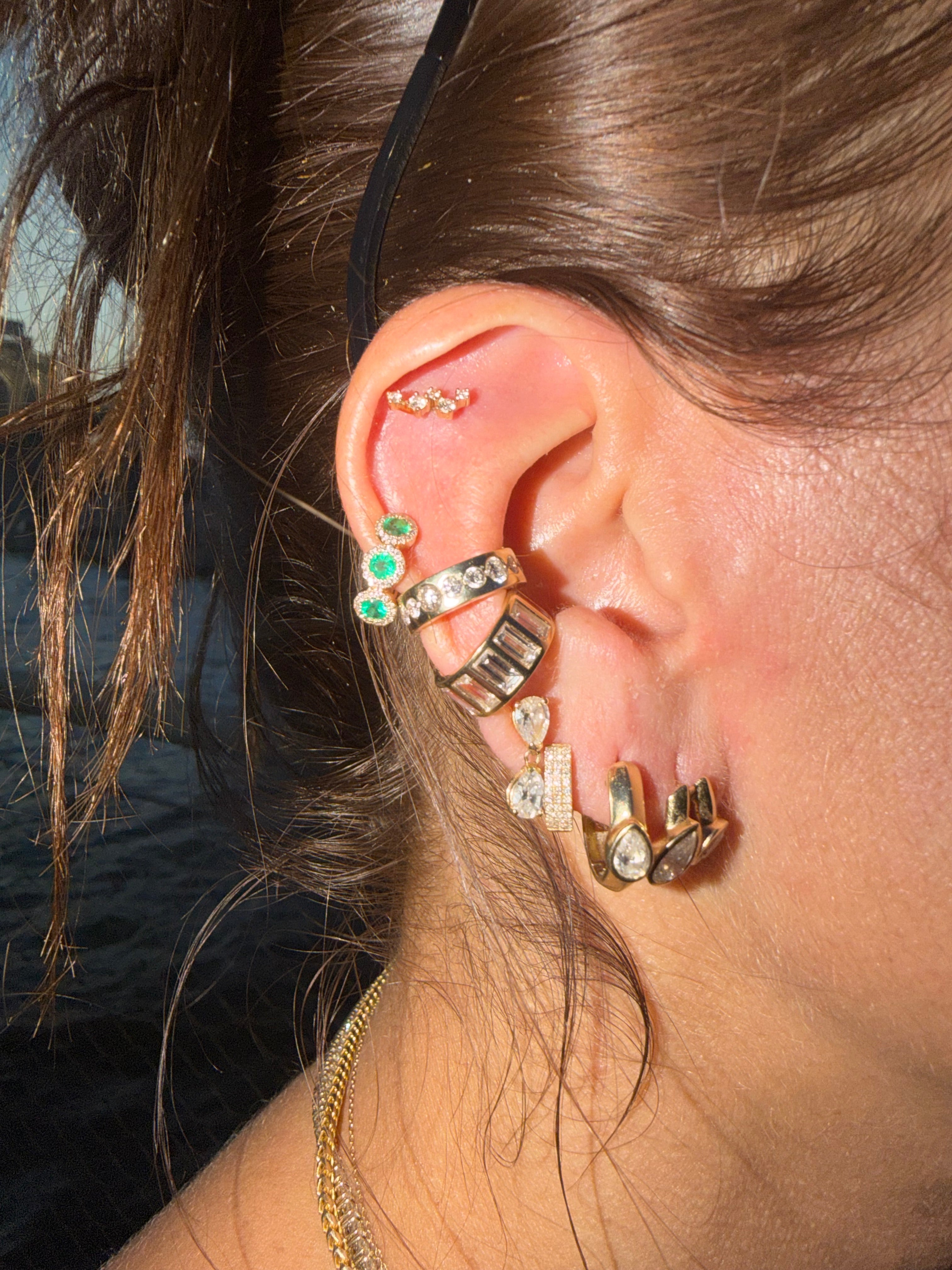 Emerald and Diamond Halo Ear Cuff