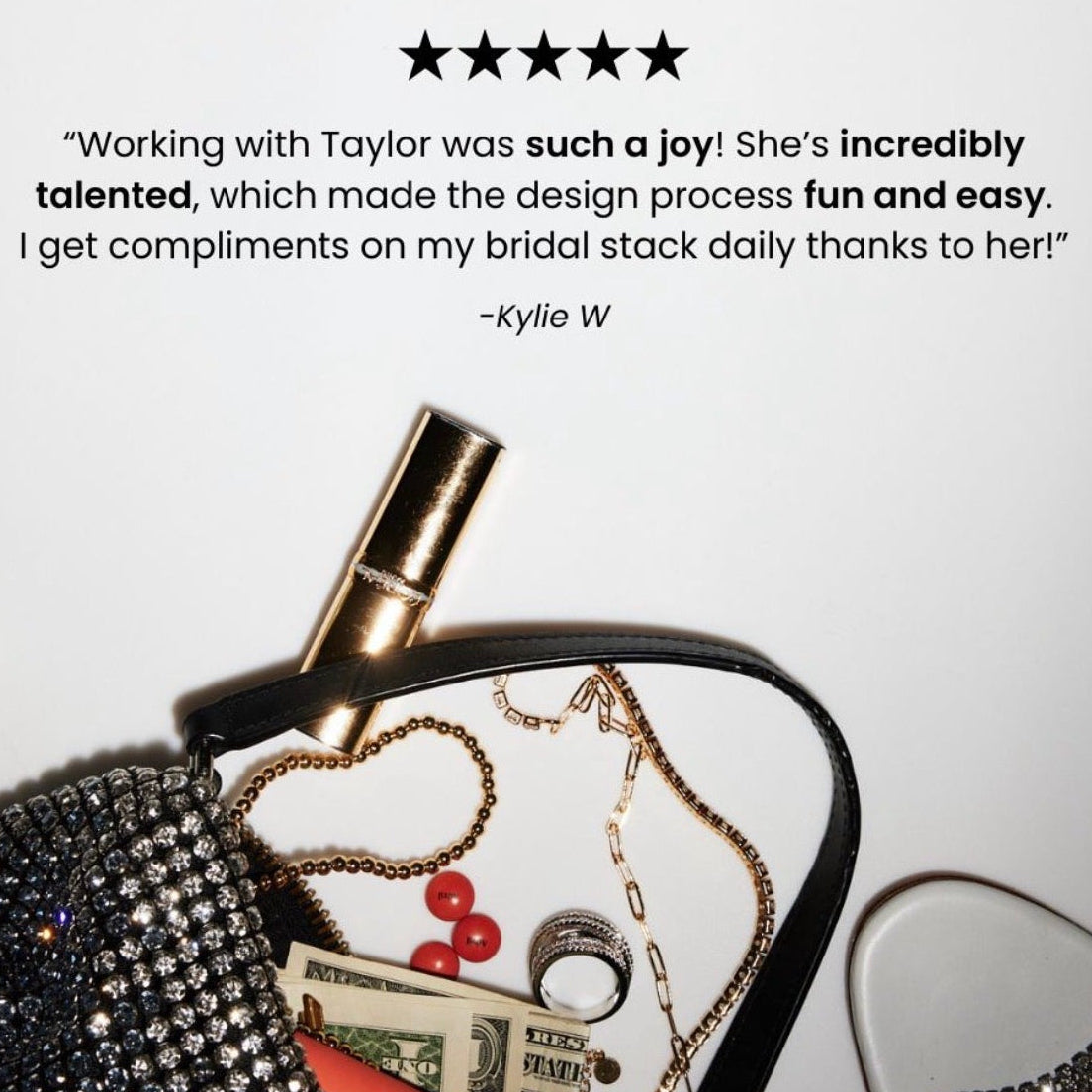 Jewelry with a handbag and money, featuring Lanore Fine Jewelry branding.