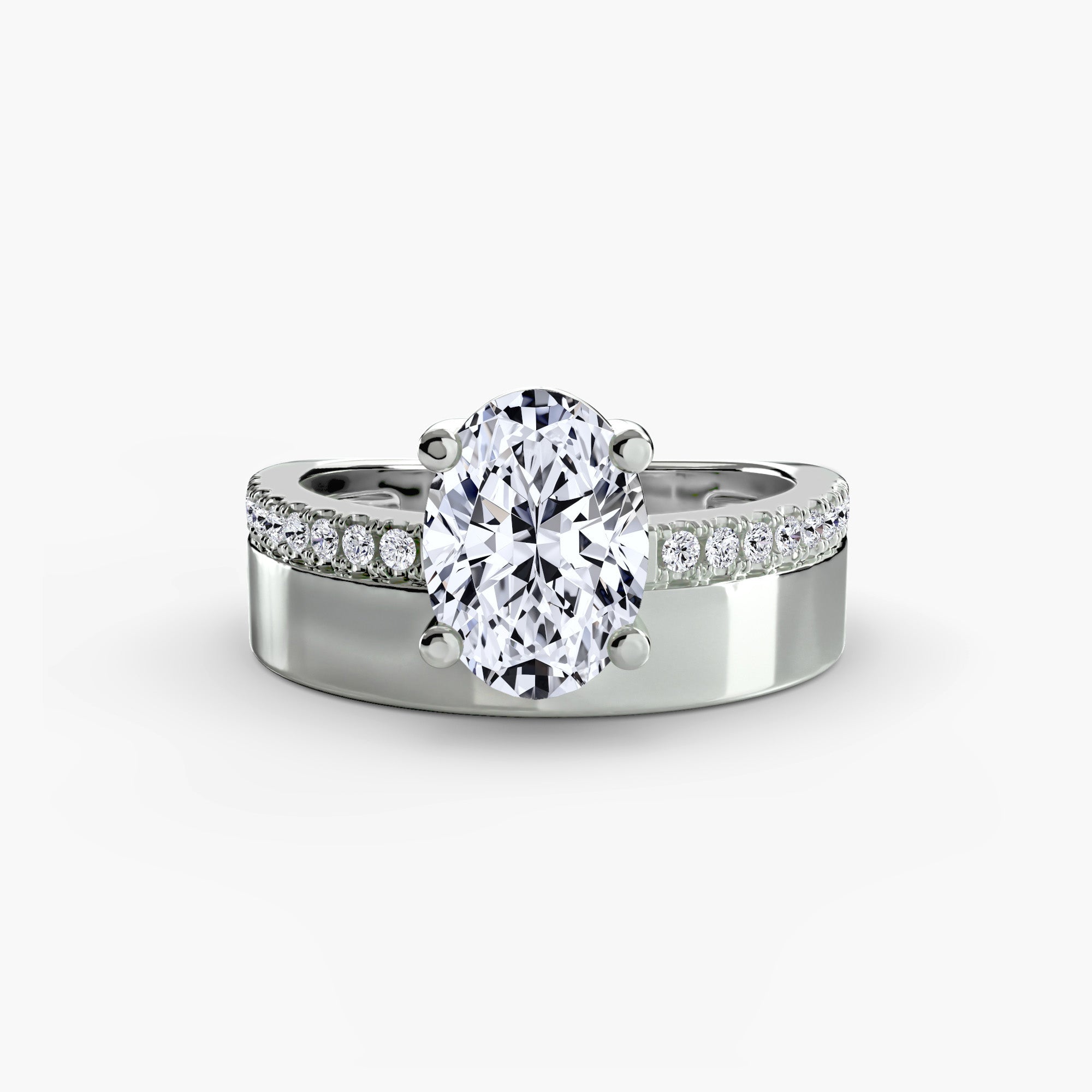 Wide Band Solitaire with Pavé Band - Lanore Fine Jewelry