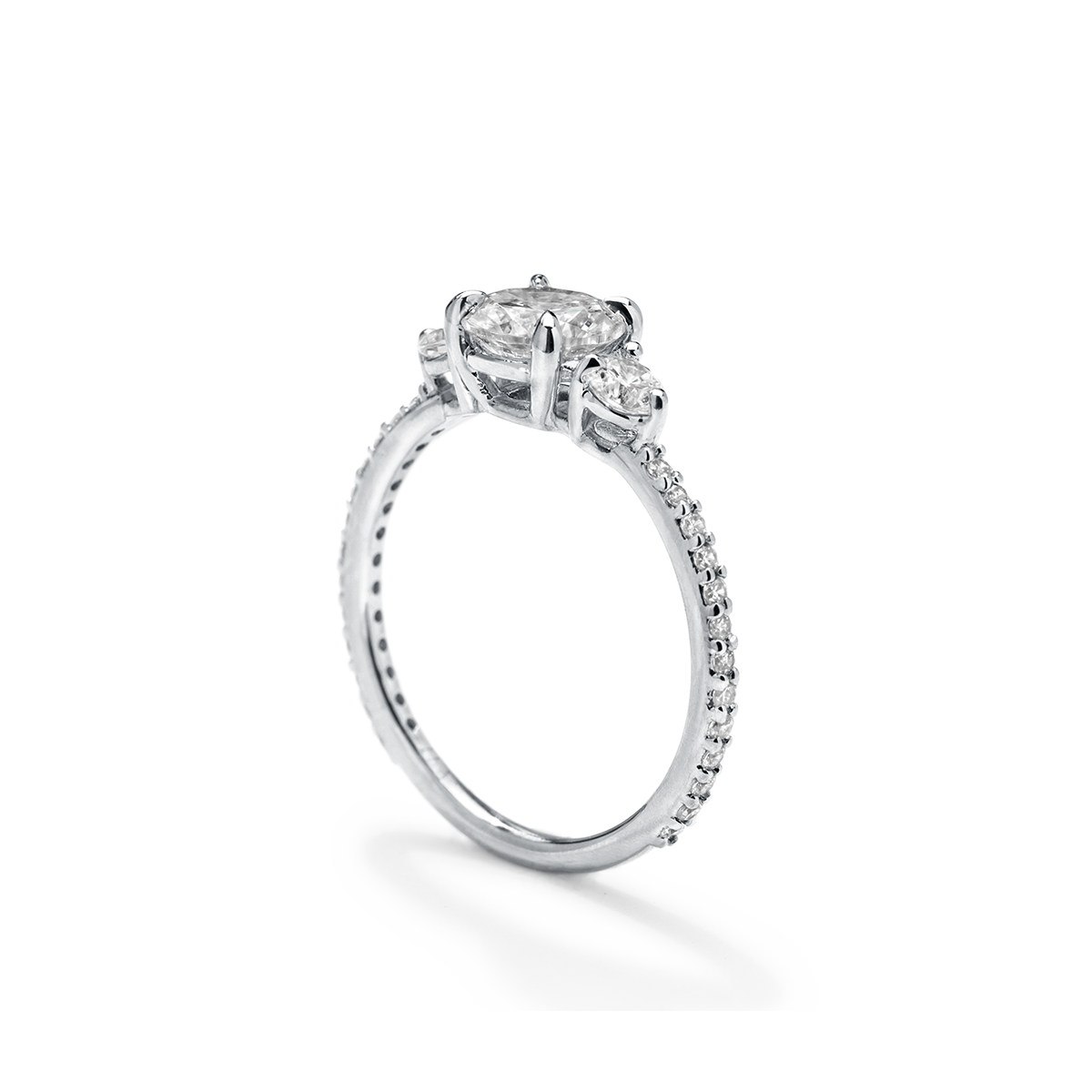 Ultra Thin Lab-Grown 3 Stone Diamond Pave Engagement Ring
