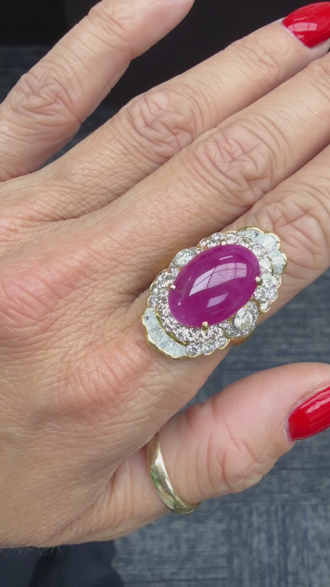 Ruby cabochon and diamond cocktail ring video